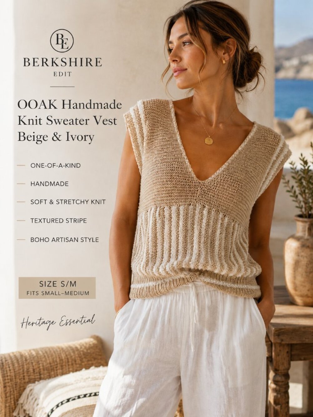 OOAK Handmade Boho Knit Sweater Vest Beige Ivory Soft Stretch Tank Top S/M